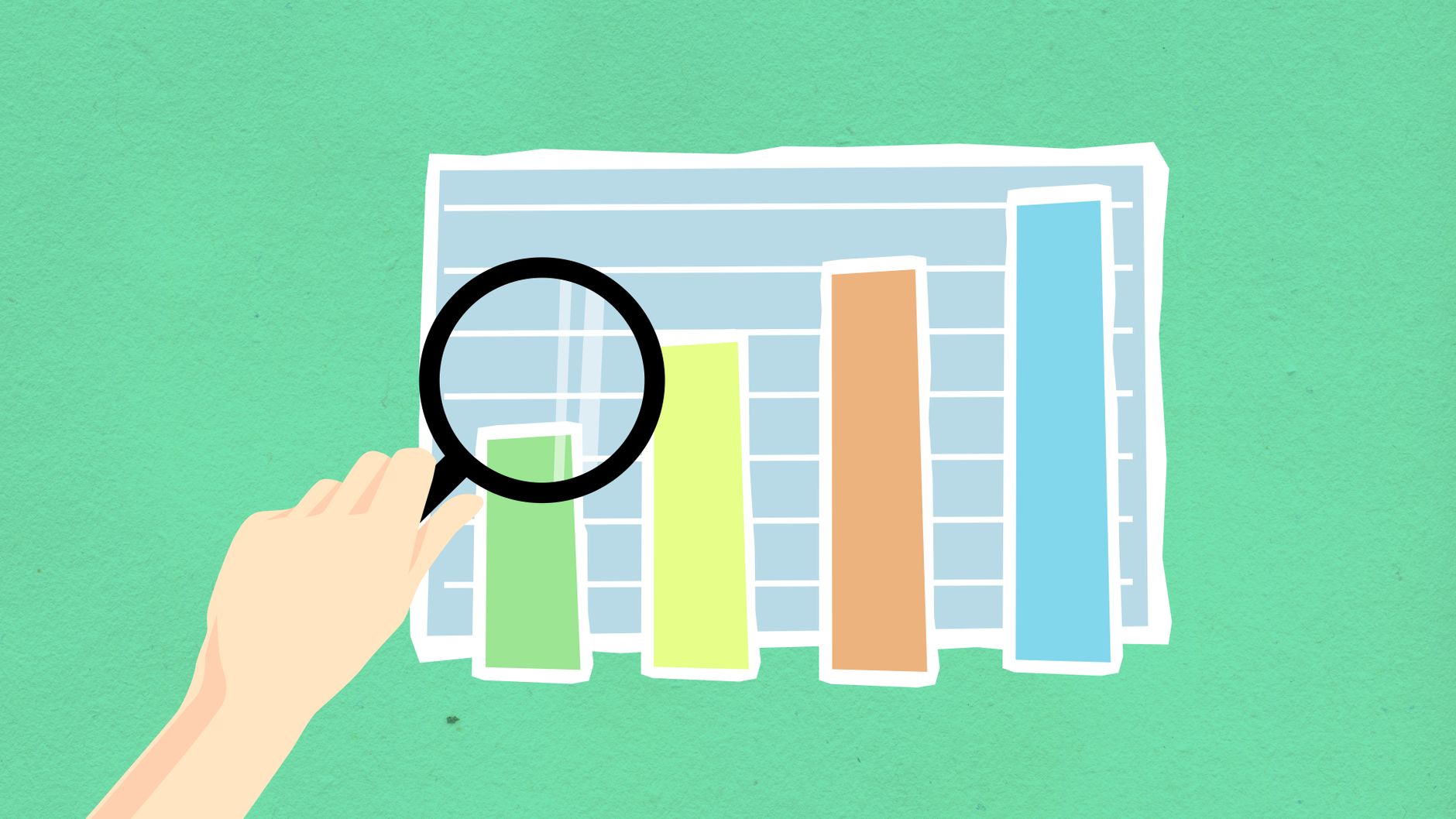 Main tenant une loupe au dessus d'un graphique de données colorées